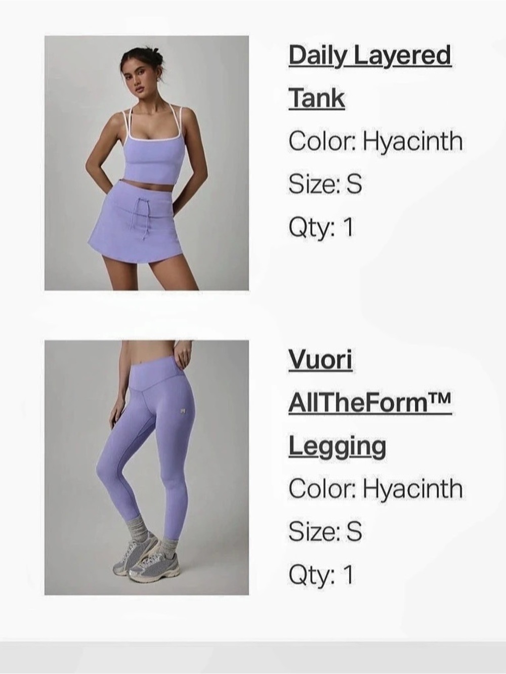 Vuori Daily Layered Tank and AllTheForm Legging Set Purple Athletic Set Small